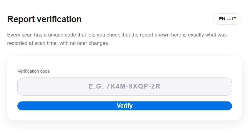 Report verification code page